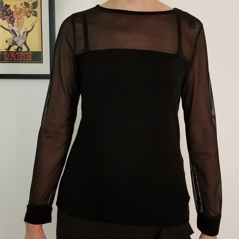 Black, long-sleeved top w/ sheer arms & shoulders